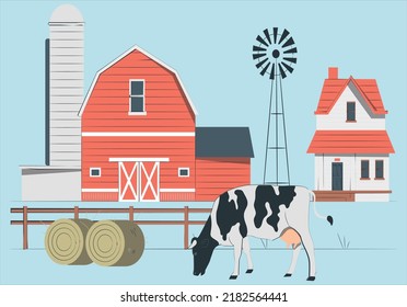 Farmyard Outside Scenery Landscape Vector Illustration. Wooden Barn Farm House, Orange Rural Farm. Village Panorama For Poster. Farmer House And Livestock.  Cow In Front Of Farm House