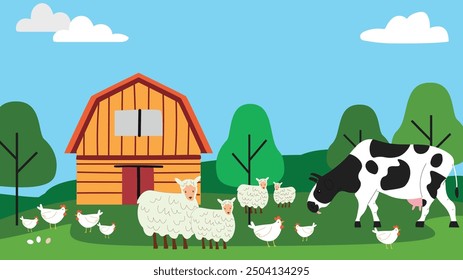 Farmyard scene with a cow, sheep, chickens, and barn, in a lush green setting.

