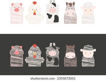 Farmyard Sketches: Hand-drawn Vector Illustrations of Livestock, pig, cock, cow, horse, sheep, finger puppets, flat design	