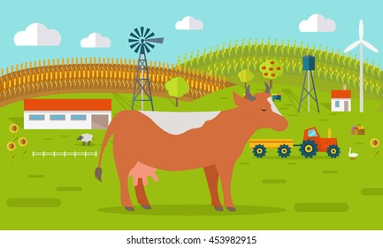 Farmyard vector illustration. Flat design. Cow standing against the farm landscape, tractor, cow, fields on background. Organic farming concept. Traditional agriculture. Modern ecological farm.