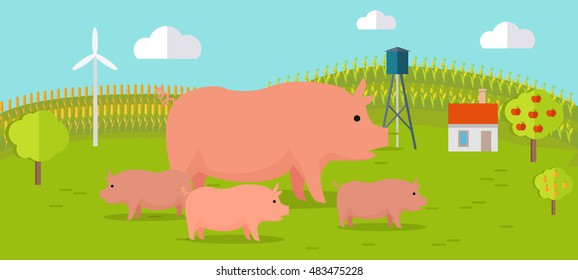 Farmyard vector illustration. Flat design. Pig with piglets standing against the farm landscape, fields on background. Organic farming concept. Traditional agriculture. Modern ecological farm.   