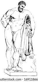 Farnese Hercules was Found in 1540 in the Baths of Caracalla, vintage line drawing or engraving illustration.