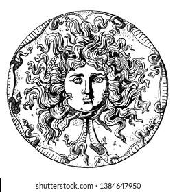 Farnese Medusa Head Dish is an onyx patera or black dish, It is a Roman design, vintage line drawing or engraving illustration.