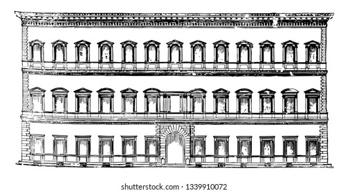 Farnese Palace at Rome prominent High Renaissance the French Embassy in Italy other renowned architects pursued the path vintage line drawing or engraving illustration.