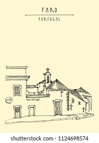 Faro, Portugal, Europe. Street in old town, nice houses and a church. Hand drawing in retro style. Travel sketch. Vintage touristic postcard, poster, calendar or book illustration in vector