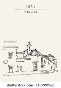 Faro, Portugal, Europe. Street in old town, nice houses and a church. Hand drawing in retro style. Travel sketch. Vintage touristic postcard, poster, calendar or book illustration in vector