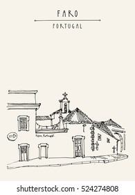 Faro, Portugal, Europe. Street in old town, nice houses and a church. Hand drawing in retro style. Travel sketch. Vintage touristic postcard, poster, calendar or book illustration in vector