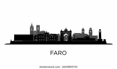 Faro with Portugal Skyline Black and white silhouette.