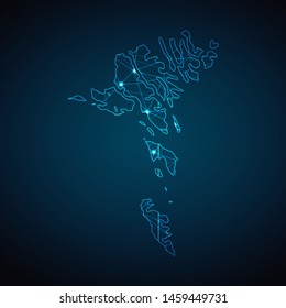 Faroe Island Map - Abstract geometric mesh polygonal network line, structure and point scales on dark background with lights in the form of cities. Vector illustration eps 10.