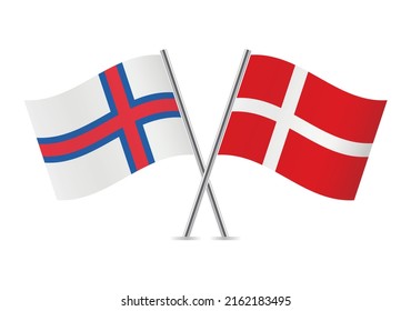 The Faroe Islands and Denmark crossed flags. Faroes and Danish flags on white background. Vector icon set. Vector illustration.