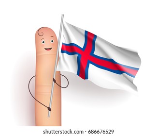 Faroe Islands flag. Finger cute happy person with a country official symbol, wind waving, patriotism emblem. Vector realistic illustration on white background