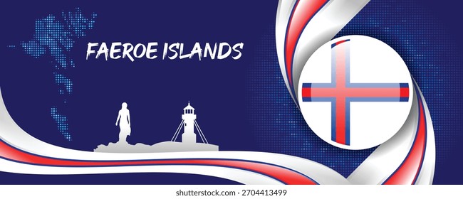 Faroe Islands Flag with Map and Famous Landmarks in Red, White, and Blue Abstract Background