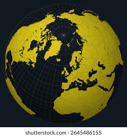 Faroe Islands highlighted on a globe with a charcoal and bright yellow color palette. The globe features meridians, parallels, countries, rivers, and lakes.