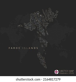 Faroe Islands map abstract geometric mesh polygonal light concept with black and white glowing contour lines countries and dots on dark background. Vector illustration.