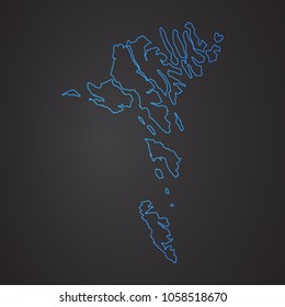 Faroe Islands map: blue glitter outline with sparkling stars on dark background. Detailed map of Faroe Islands. Vector illustration.