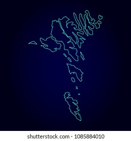 Faroe Islands map: blue glitter outline with sparkling stars on dark background. Detailed map of Faroe Islands. Vector illustration.