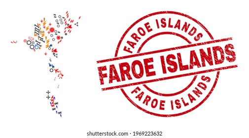 Faroe Islands map collage and distress Faroe Islands red circle stamp print. Faroe Islands stamp uses vector lines and arcs. Faroe Islands map mosaic contains helmets, houses, lamps, bugs, people,