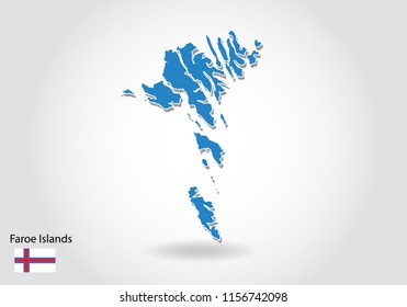 faroe Islands map design with 3D style. Blue faroe Islands map and National flag. Simple vector map with contour, shape, outline, on white.