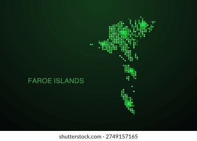 Faroe Islands Map - Digital dotted map with glowing green points on dark background, modern technology style, abstract data network design, clean minimal geometric vector illustration.