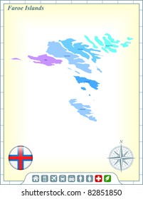 Faroe Islands Map with Flag Buttons and Assistance & Activates Icons Original Illustration