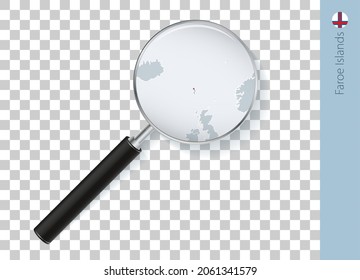 Faroe Islands map with flag in magnifying glass on transparent background. Vector loupe with map.
