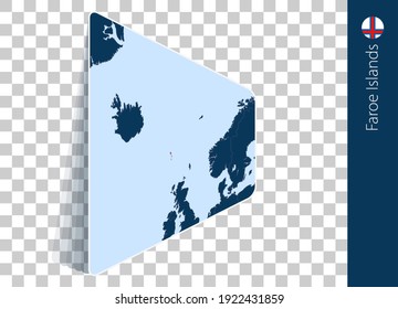 Faroe Islands map and flag on transparent background. Highlighted Faroe Islands on blue vector map.