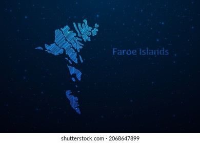 Faroe Islands map hand drawn scribble sketch.Vector map in futuristic style on dark blue space background. Vector illustration.