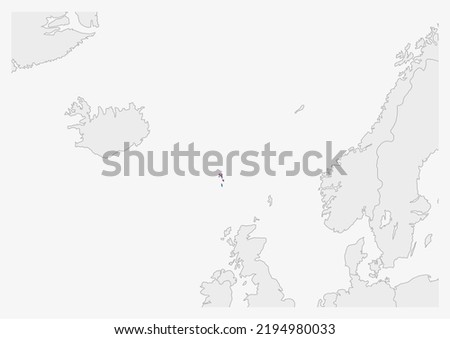 Faroe Islands map highlighted in Faroe Islands flag colors, gray map with neighboring countries.