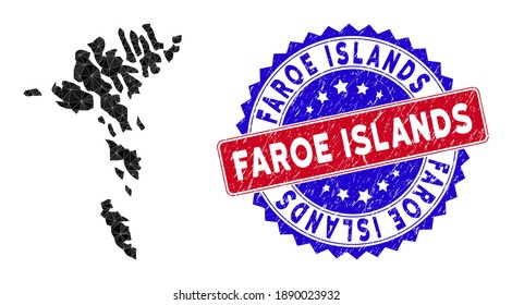 Faroe Islands map polygonal mesh with filled triangles, and rubber bicolor stamp seal. Triangle mosaic Faroe Islands map with mesh vector model, triangles have various sizes, and positions,