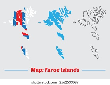 faroe islands map set silhouette with outline and flag map.