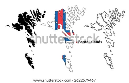 Faroe Islands Map Vector - Country Outline, Flag Inside Map, Blank and Silhouette Version