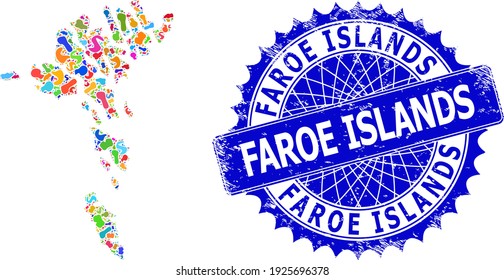 Faroe Islands map vector image. Splash collage map and distress seal for Faroe Islands. Sharp rosette blue seal with caption for Faroe Islands map.