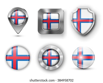 Faroe Islands Metal and Glass Flag Badges, Buttons, Map marker pin and Shields. Vector illustrations