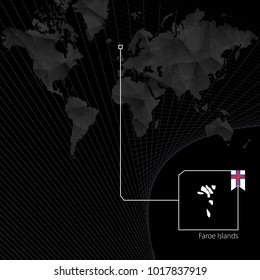 Faroe Islands on black World Map. Map and flag of Faroe Islands.