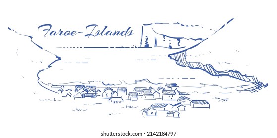 Faroe Islands sketch skyline. Faroe hand drawn vector illustration. Isolated on white background.