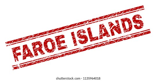 FAROE ISLANDS stamp seal watermark with distress style. Red vector rubber print of FAROE ISLANDS tag with dust texture. Text tag is placed between double parallel lines.