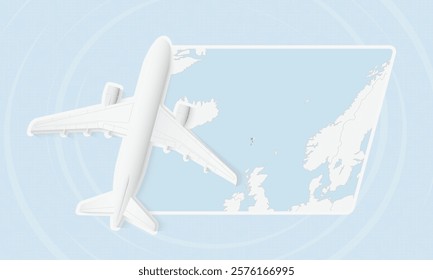 Faroe Islands Travel Illustration with Plane and National Flag. Ideal for travel agencies, promotional materials, or geographic content related to Faroe Islands.