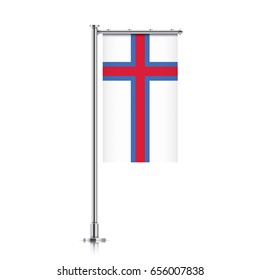 Faroe Islands vector banner flag hanging on a silver metallic pole. Faroe Islands vertical flag template isolated on a white background.