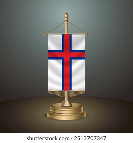 Faroe Islands Vertical table flag with golden pole on dark gradient background, Template banner vector  Illustration