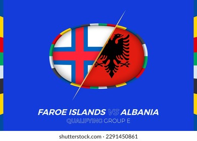 Faroe Islands vs Albania icon for European football tournament qualification, group E. Competition icon on the stylized background.