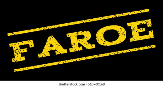 Faroe watermark stamp. Text caption between parallel lines with grunge design style. Rubber seal stamp with unclean texture. Vector yellow color ink imprint on a blue background.