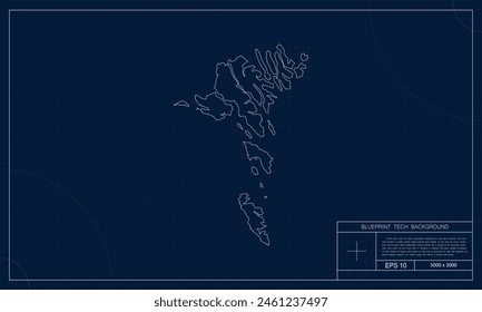 Faroeisland Map with Blueprint Tech Style Background.