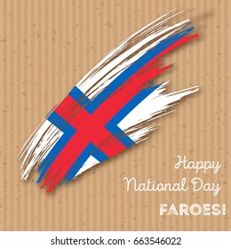 Faroes Independence Day Patriotic Design. Expressive Brush Stroke in National Flag Colors on kraft paper background. Happy Independence Day Faroes Vector Greeting Card.