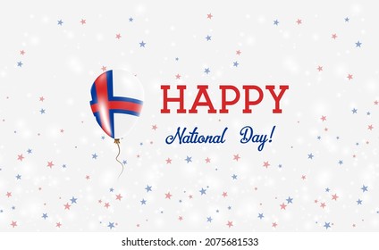 Faroes National Day patriotic poster. Flying Rubber Balloon in Colors of the Faroese Flag. Faroes National Day background with Balloon, Confetti, Stars, Bokeh and Sparkles.