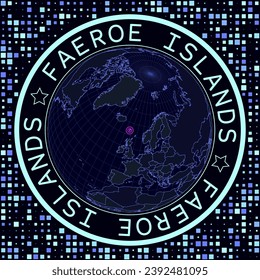 Faroes on globe vector. Futuristic satelite view of the world centered to Faroes. Geographical illustration with shape of country and squares background. Bright neon colors on dark background.