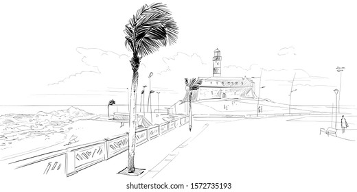 Farol da Barra. Salvador. Brazil. South America. Hand drawn city sketch. Vector illustration.