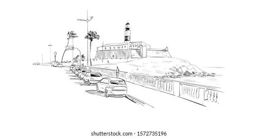 Farol da Barra. Salvador. Brasil. Sudamérica. Dibujo de la ciudad dibujado a mano. Ilustración vectorial.