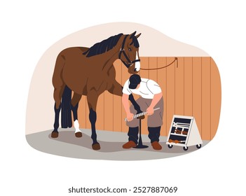 Farrier sapateando cavalo. Cascos de aparar profissionais, cascos de limpeza. Garanhão de ferradura, cuidado equino e tratamento com ferramentas por ferreiro. Ilustração de vetor plano isolada no plano de fundo branco