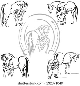 Farrier themes. Based on brush drawings images showing a farrier at work