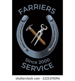 Farriers services logo in realistic style. Nippers, shoe and hammer for shoeing. Fine for farrier's services promo materials, banners, flyers amd leaflets.